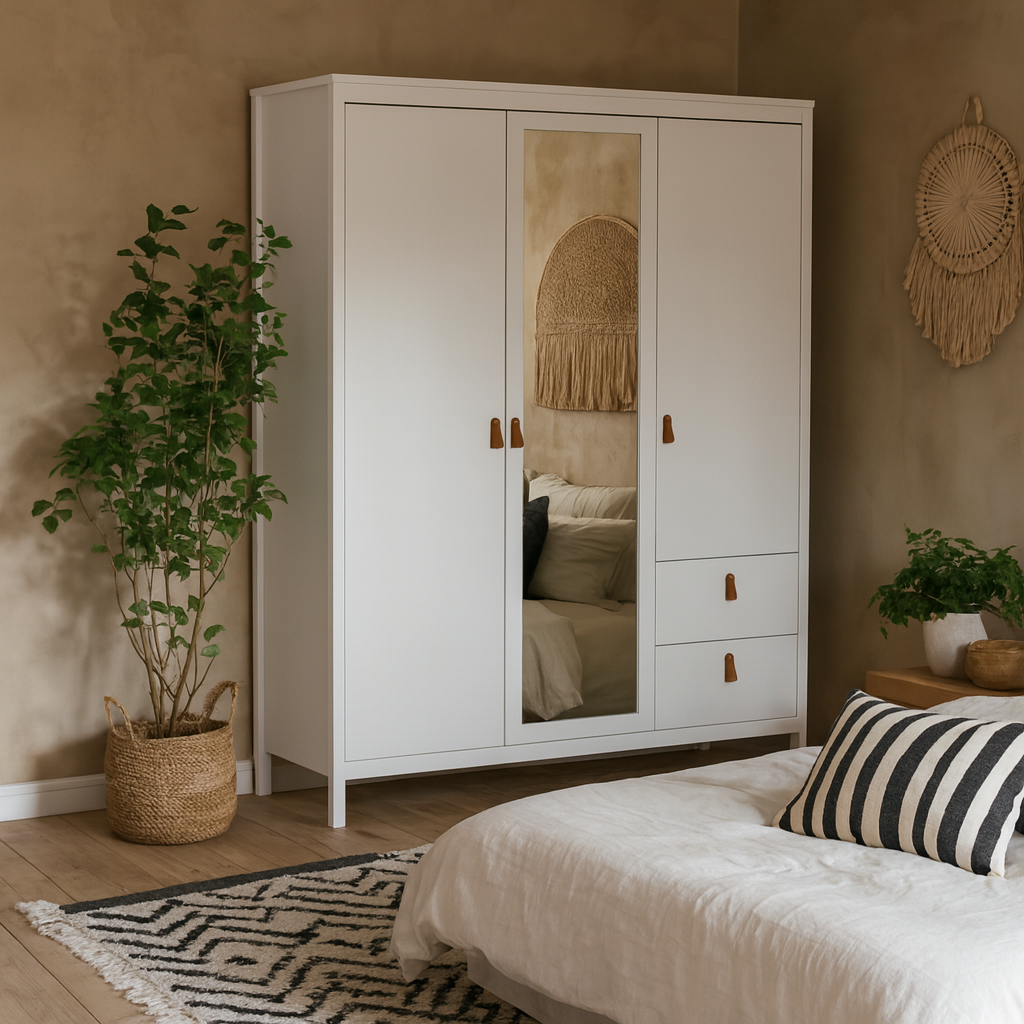 Wildberry White 2 Doors Mirrored Wardrobe 2 Drawers