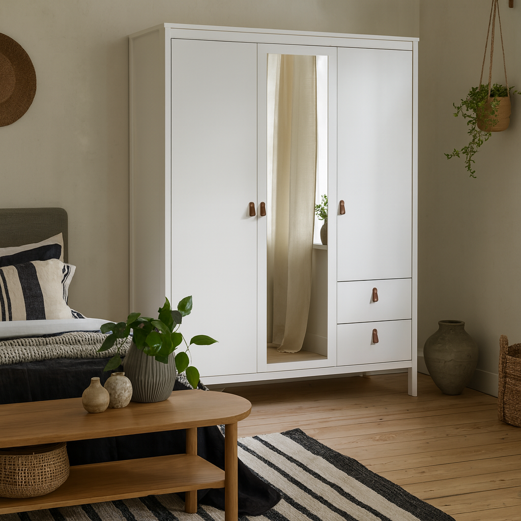 Wildberry White 2 Doors Mirrored Wardrobe 2 Drawers