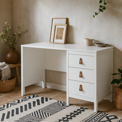 Wildberry Matt White Wooden Desk 3 Drawers Leather Handles