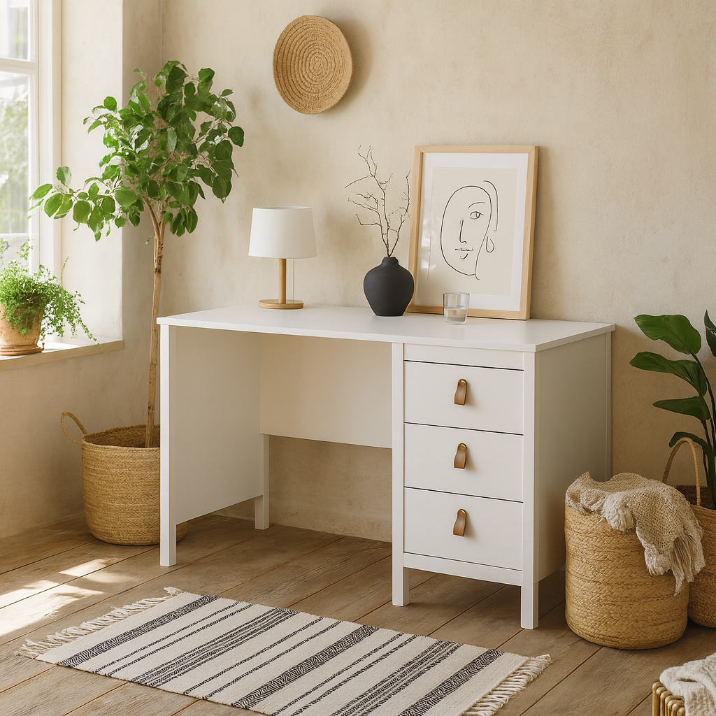 Wildberry Matt White Wooden Desk 3 Drawers Leather Handles