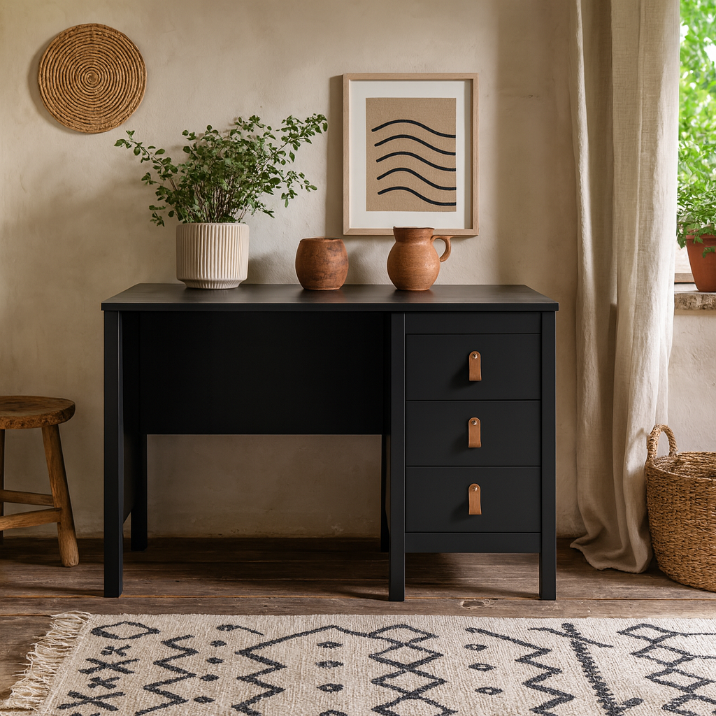 Wildberry Matt Black Wooden Desk 3 Drawers Leather Handles