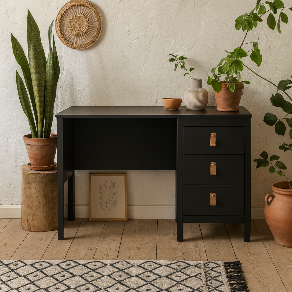 Wildberry Matt Black Wooden Desk 3 Drawers Leather Handles