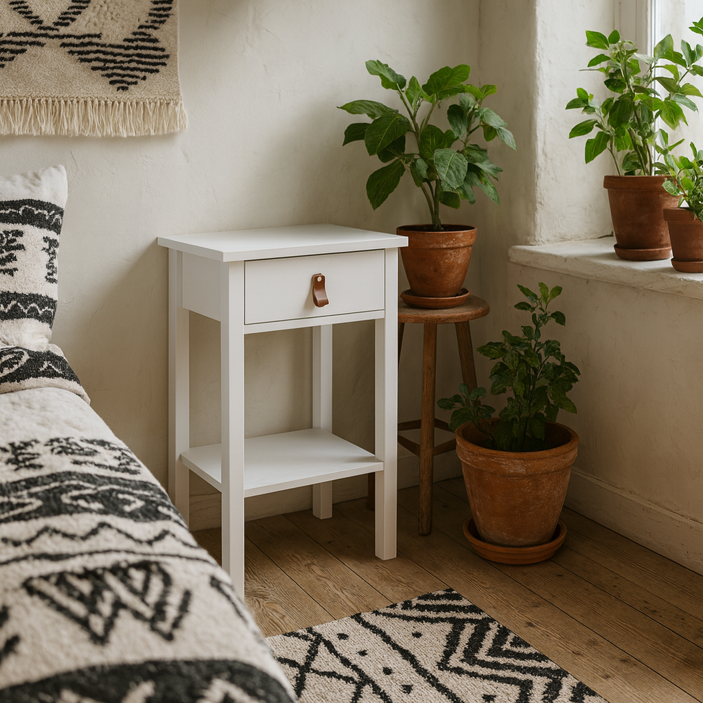 Wildberry Matt White Wooden Bedside Table with 1 Drawer Bottom Shelf Leather Handles