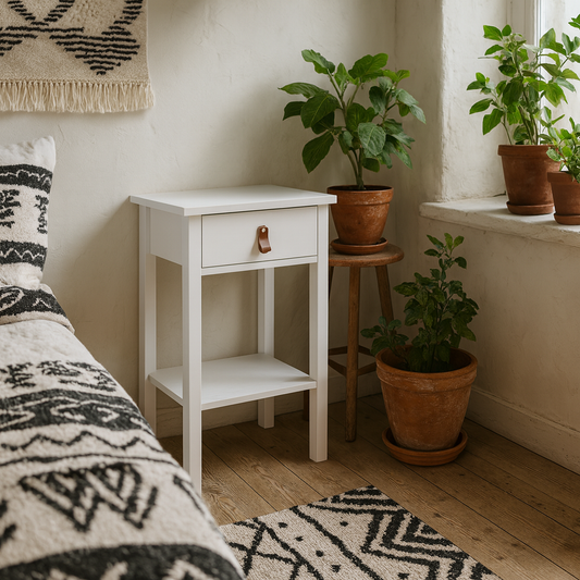Wildberry Matt White Wooden Bedside Table with 1 Drawer Bottom Shelf Leather Handles