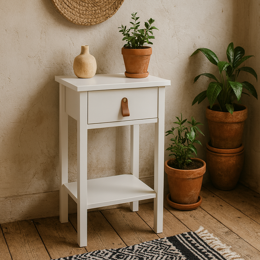Wildberry Matt White Wooden Bedside Table with 1 Drawer Bottom Shelf Leather Handles
