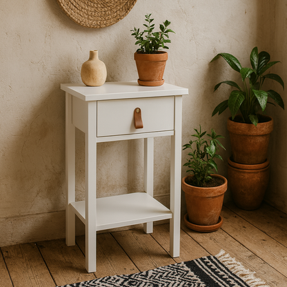 Wildberry Matt White Wooden Bedside Table with 1 Drawer Bottom Shelf Leather Handles