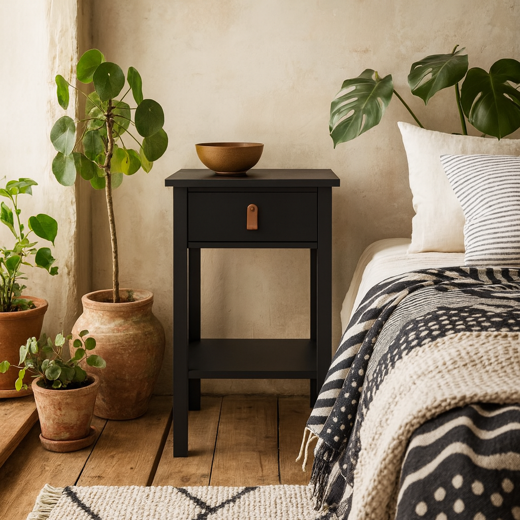 Wildberry Matt Black Wooden Bedside Table with 1 Drawer Bottom Shelf Leather Handles