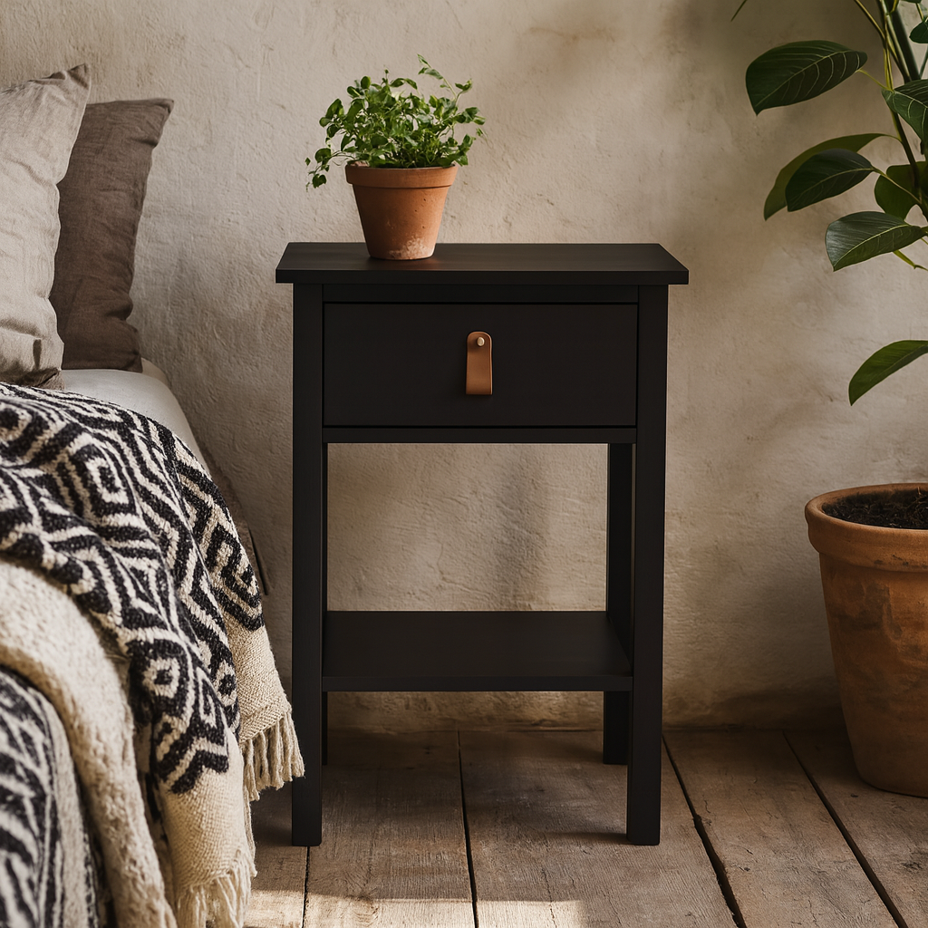 Wildberry Matt Black Wooden Bedside Table with 1 Drawer Bottom Shelf Leather Handles