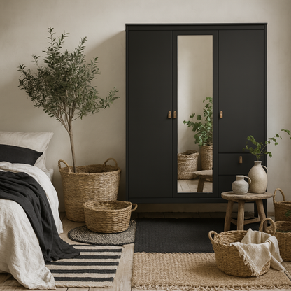 Wildberry Matt Black Mirror Wooden Wardrobe 2 Doors 2 Drawers Leather Handles