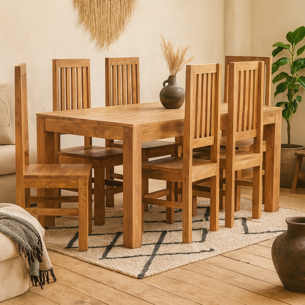 Manila 180cm Light Mango Wood Dining Set and 6 Slatted Chairs