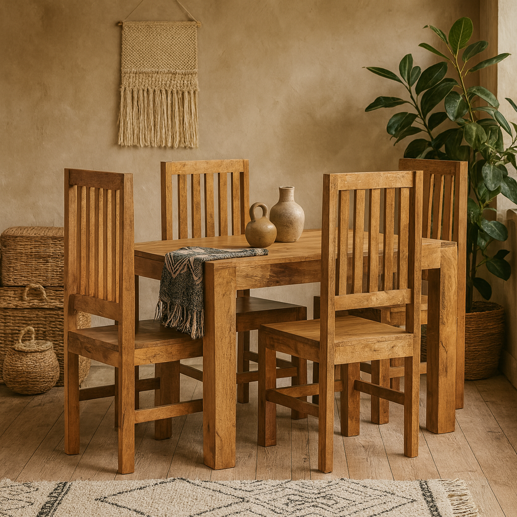 Manila 120cm Light Mango Wood Dining Set and 4 Slatted Chairs