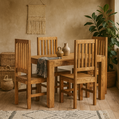 Manila 120cm Light Mango Wood Dining Set and 4 Slatted Chairs