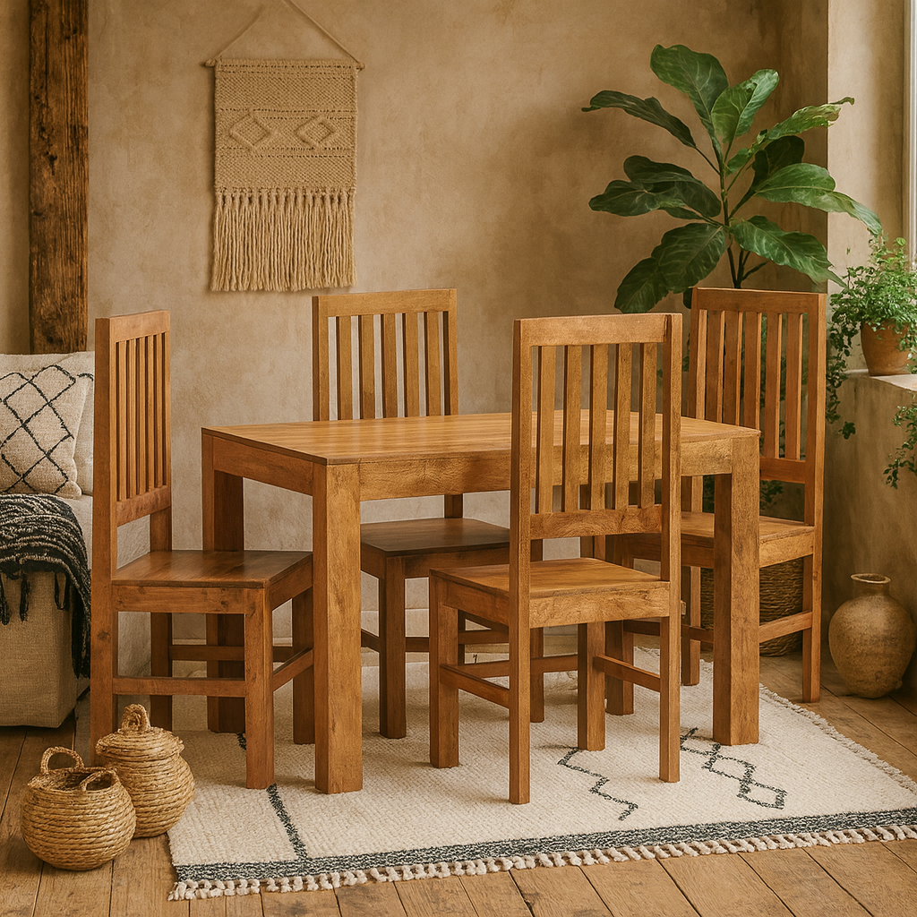 Manila 120cm Light Mango Wood Dining Set and 4 Slatted Chairs