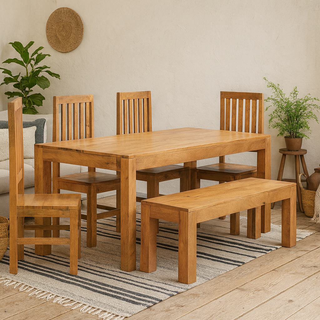 Manila 180cm Light Mango Wood Dining Set with Bench and 4 Slatted Chairs