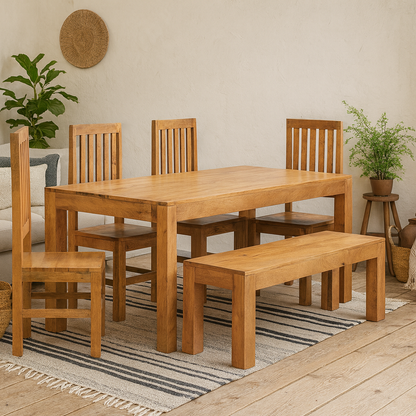 Manila 180cm Light Mango Wood Dining Set with Bench and 4 Slatted Chairs