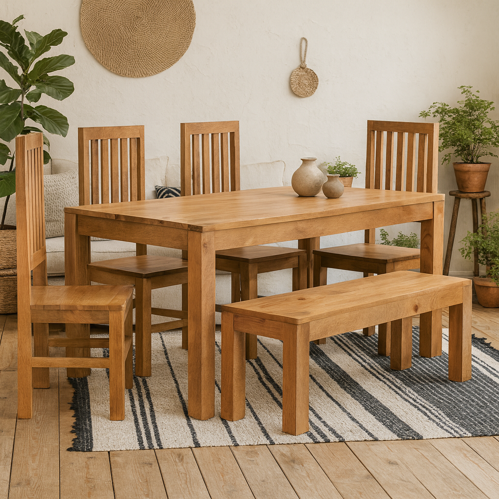 Manila 180cm Light Mango Wood Dining Set with Bench and 4 Slatted Chairs