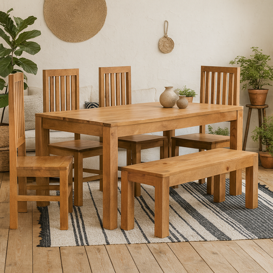 Manila 180cm Light Mango Wood Dining Set with Bench and 4 Slatted Chairs