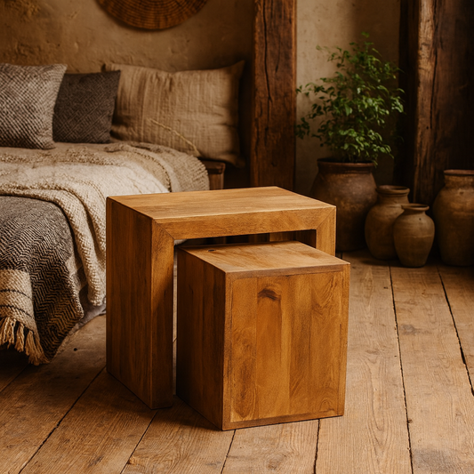 Set of 2 Manila Light Mango Wood Cube Nesting Tables