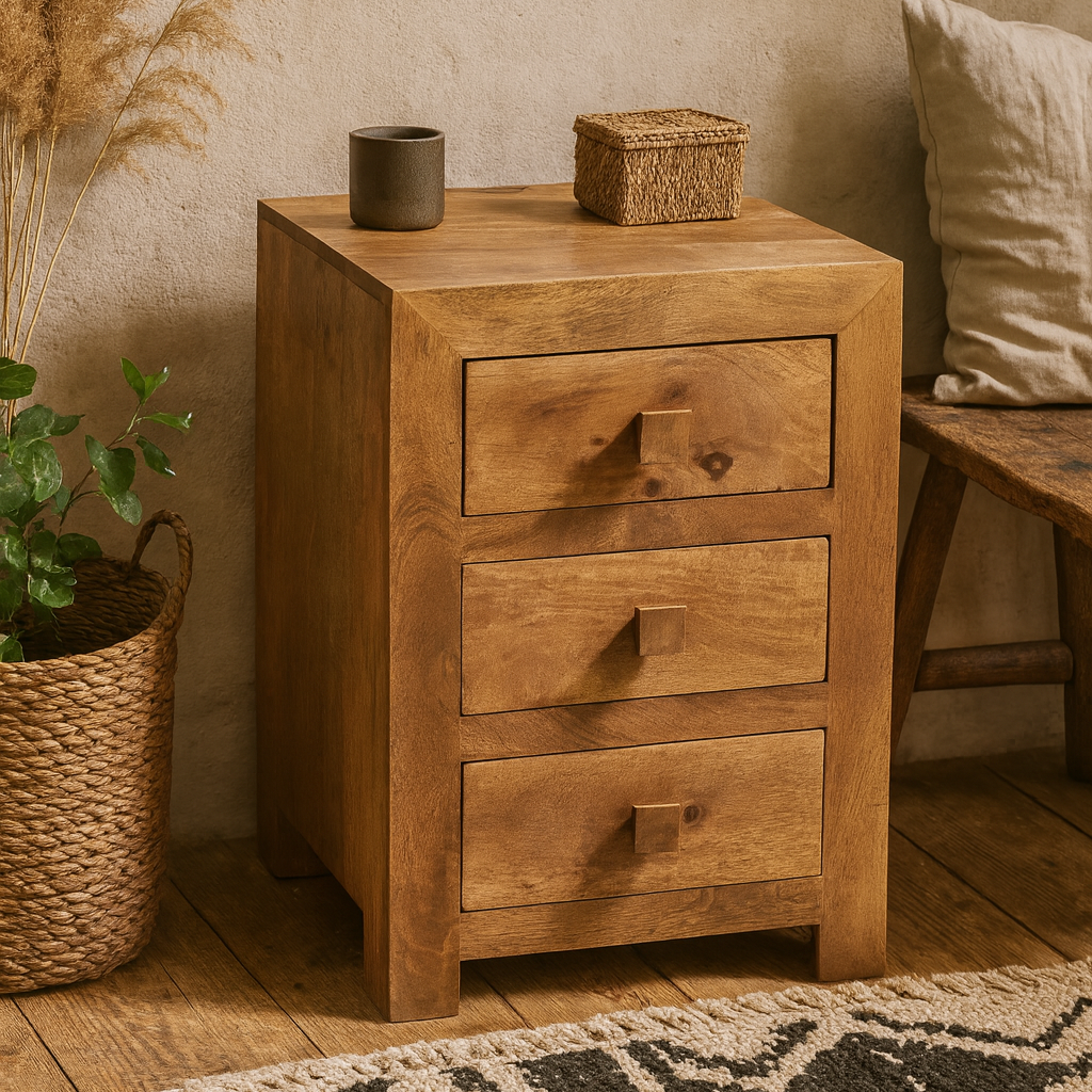 Manila Light Mango Wood Modern 3 Drawer Bedside Table