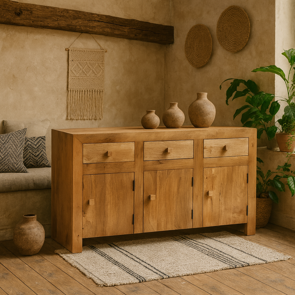 Manila Light Mango Wood Large Sideboard 3 Drawers 3 Doors