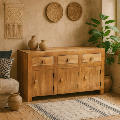 Manila Light Mango Wood Large Sideboard 3 Drawers 3 Doors