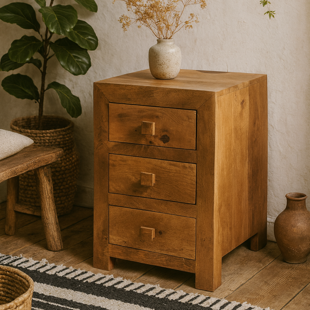Manila Light Mango Wood Modern 3 Drawer Bedside Table