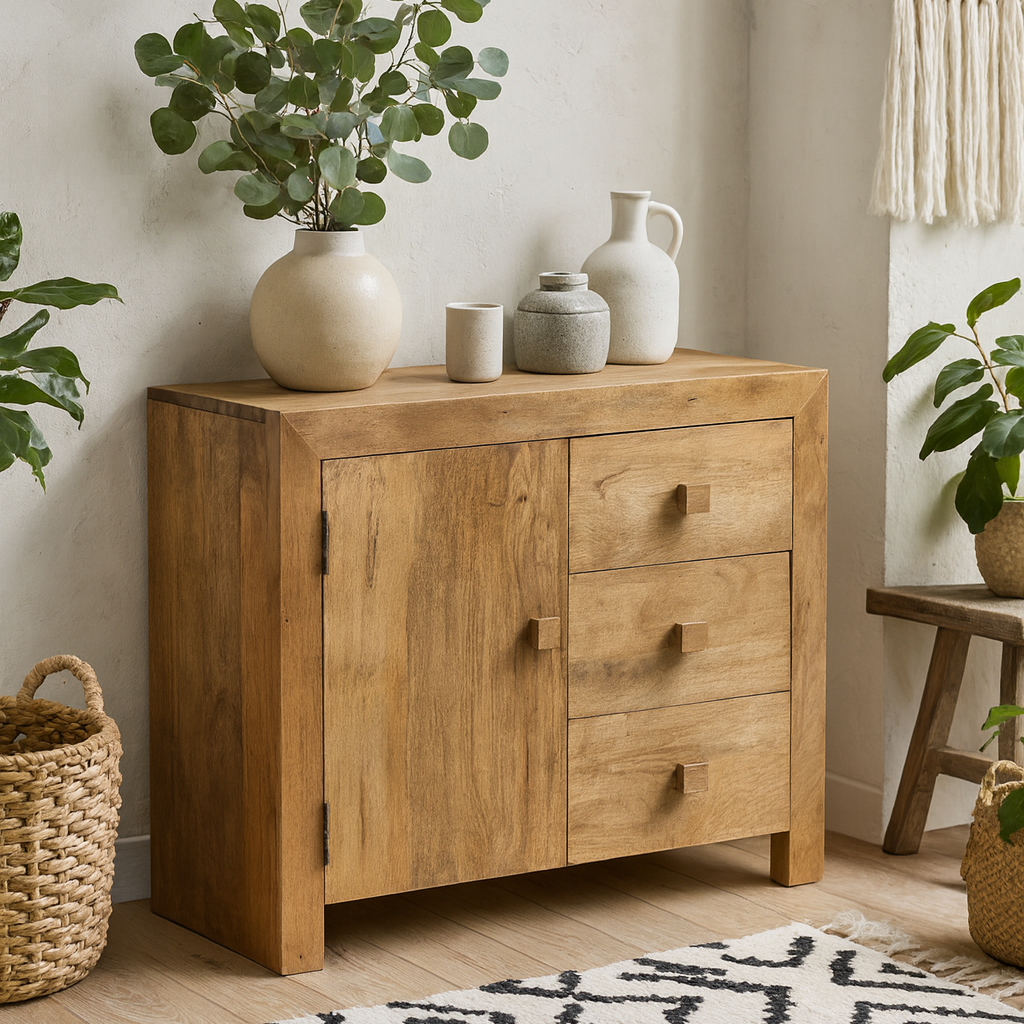 Manila Light Mango Wood 3 Drawer Sideboard 1 Door