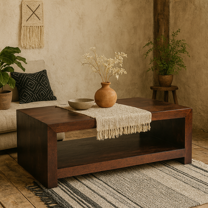 Phuket Dark Mango Wood Large Coffee Table with Bottom Shelf