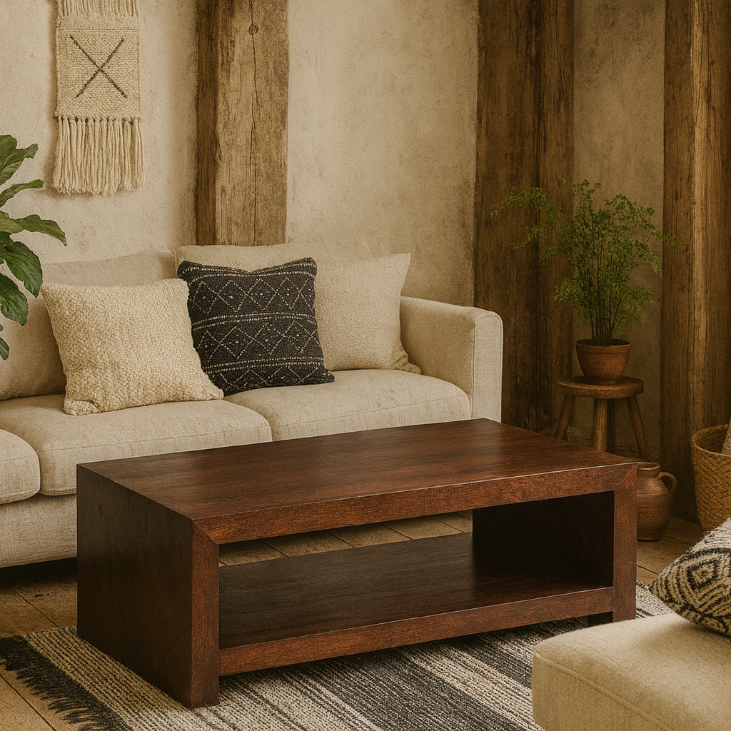 Phuket Dark Mango Wood Large Coffee Table with Bottom Shelf