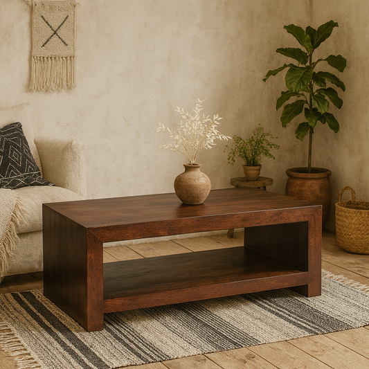 Phuket Dark Mango Wood Large Coffee Table with Bottom Shelf