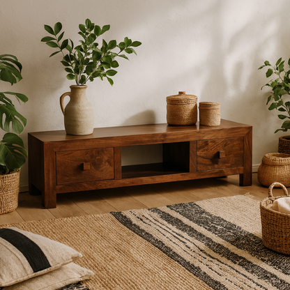 Phuket Dark Mango Wood TV Media Unit 2 Drawers 1 Open Shelf