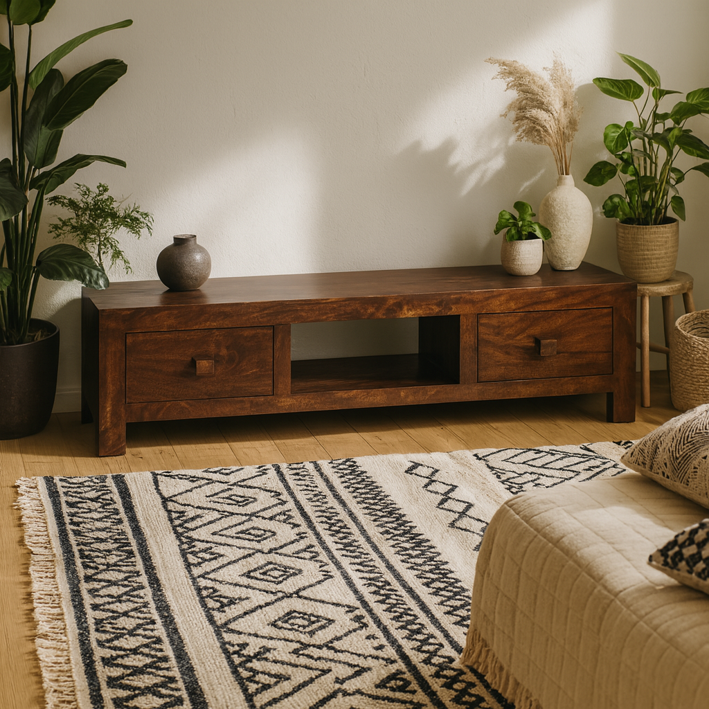 Phuket Dark Mango Wood TV Media Unit 2 Drawers 1 Open Shelf