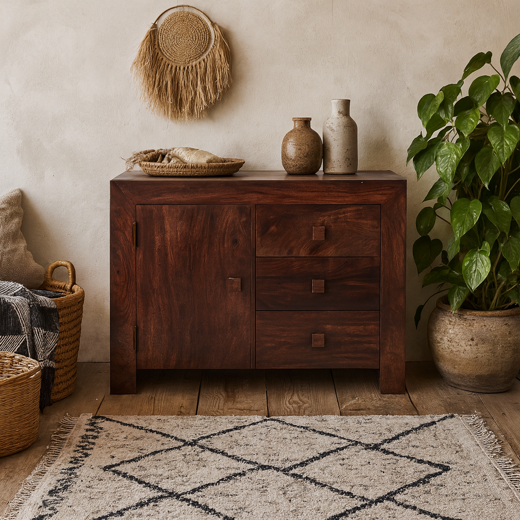 Phuket Dark Mango Wood 3 Drawer Sideboard 1 Door 3 Drawers