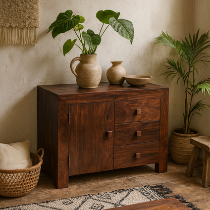 Phuket Dark Mango Wood 3 Drawer Sideboard 1 Door 3 Drawers