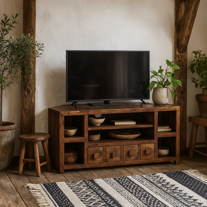 Phuket Dark Mango Wood Corner TV Unit 4 Drawers 6 Shelves