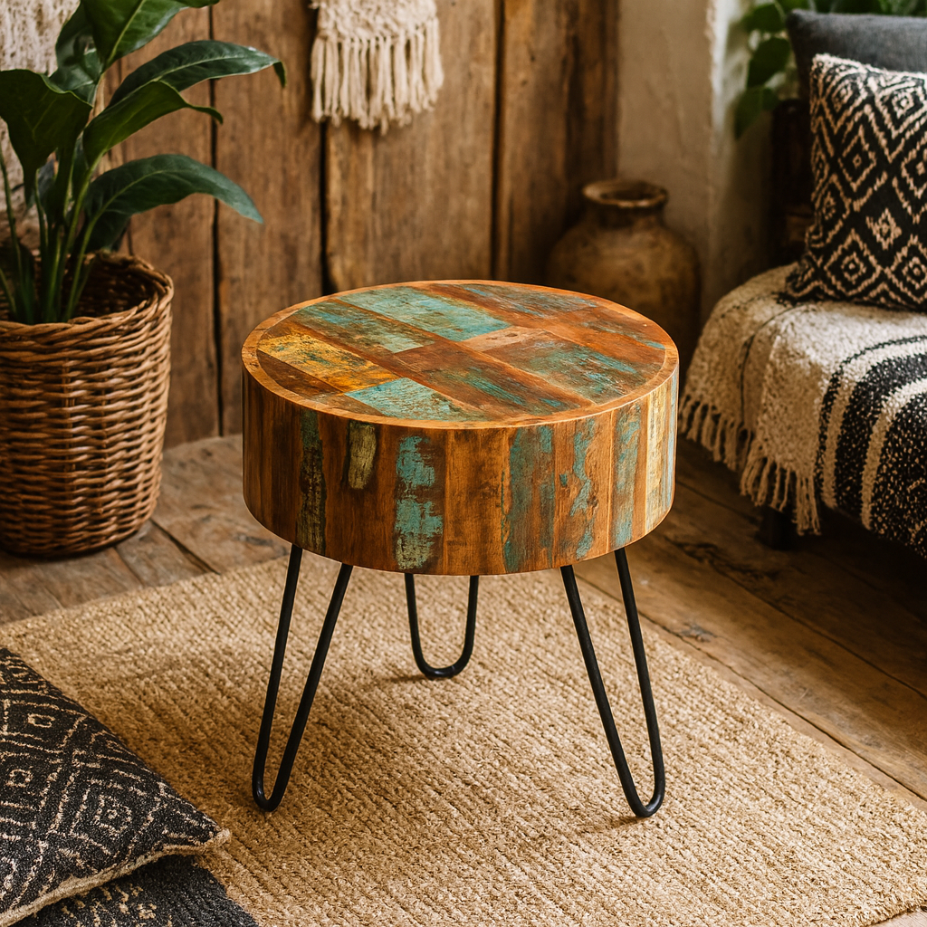Seattle Reclaimed Wood and Metal Modern Drum Side Table