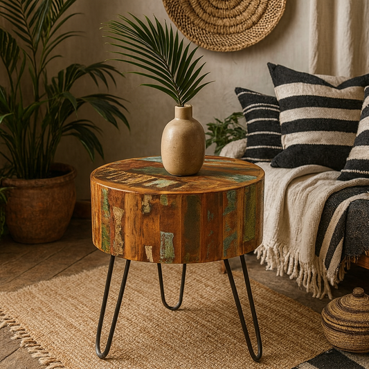 Seattle Reclaimed Wood and Metal Modern Drum Side Table