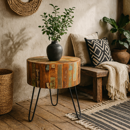 Seattle Reclaimed Wood and Metal Modern Drum Side Table