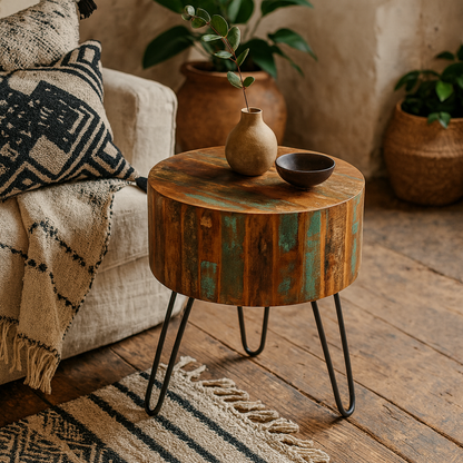 Seattle Reclaimed Wood and Metal Modern Drum Side Table