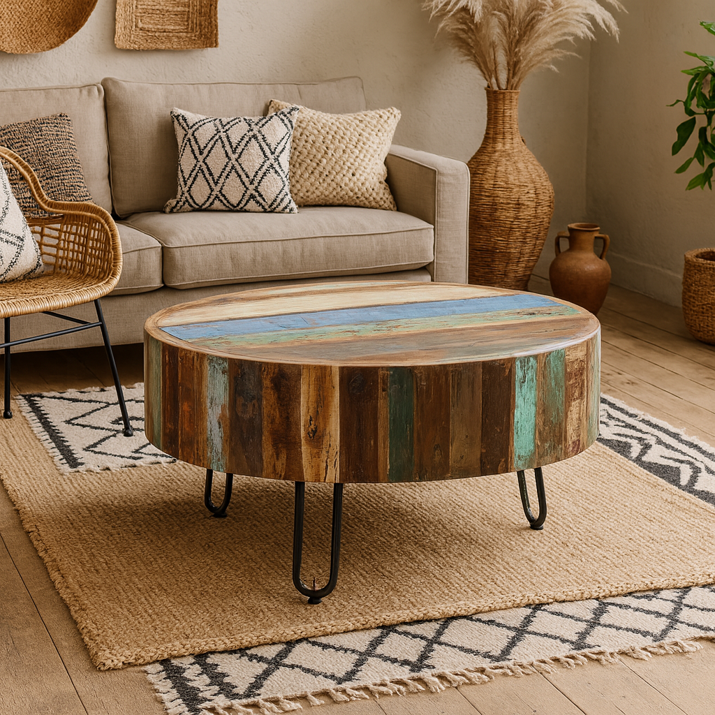 Seattle Reclaimed Wood and Metal Drum Coffee Table