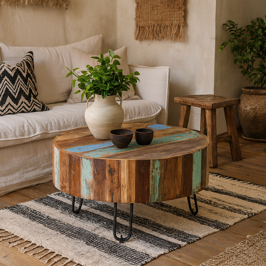 Seattle Reclaimed Wood and Metal Drum Coffee Table