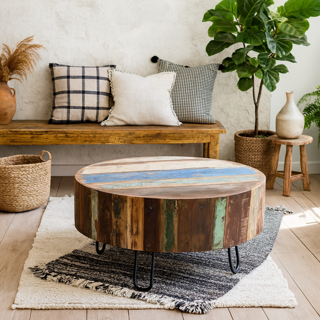 Seattle Reclaimed Wood and Metal Drum Coffee Table