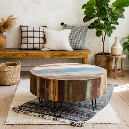 Seattle Reclaimed Wood and Metal Drum Coffee Table