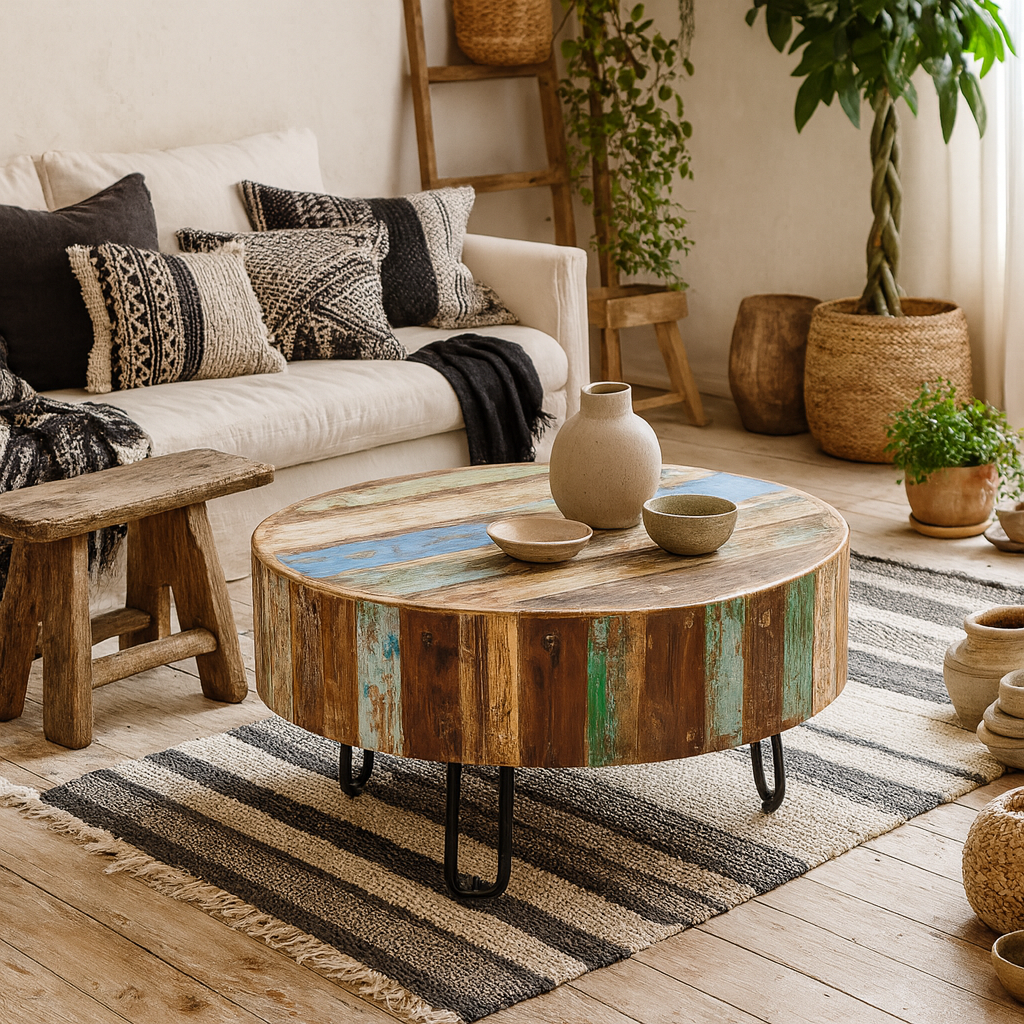 Seattle Reclaimed Wood and Metal Drum Coffee Table