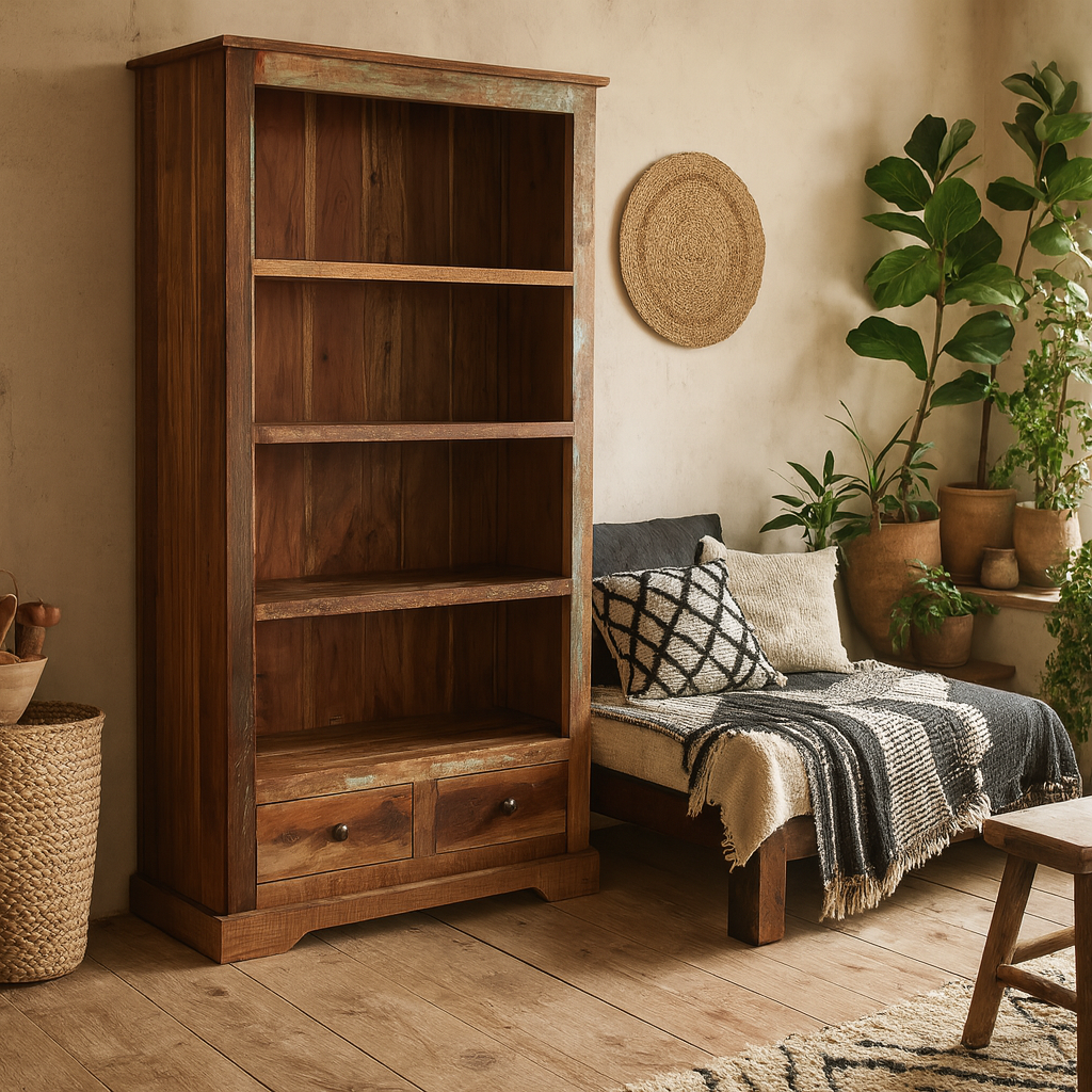 Seattle Reclaimed Wood Large Bookcase 4 Shelves 2 Drawers