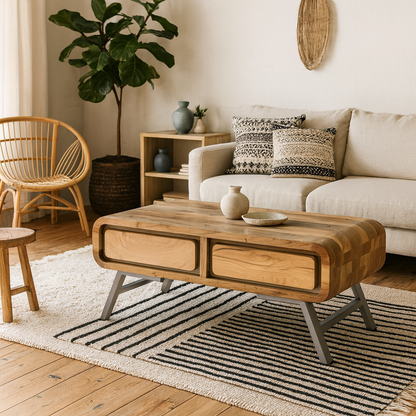Los Angeles Reclaimed Wood and Metal Coffee Table with 2 Drawers