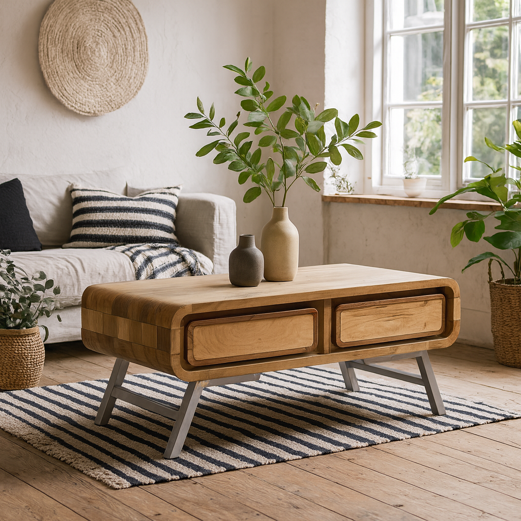 Los Angeles Reclaimed Wood and Metal Coffee Table with 2 Drawers