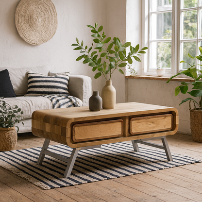 Los Angeles Reclaimed Wood and Metal Coffee Table with 2 Drawers