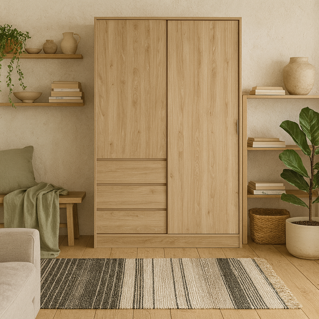 Budapest Natural Oak Effect Wood Wardrobe 2 Doors 3 Drawers