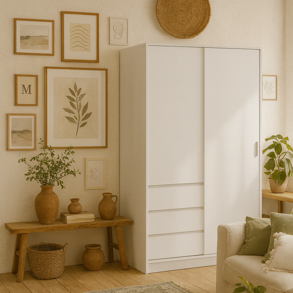 Budapest White Wooden Wardrobe 2 Doors 3 Drawers